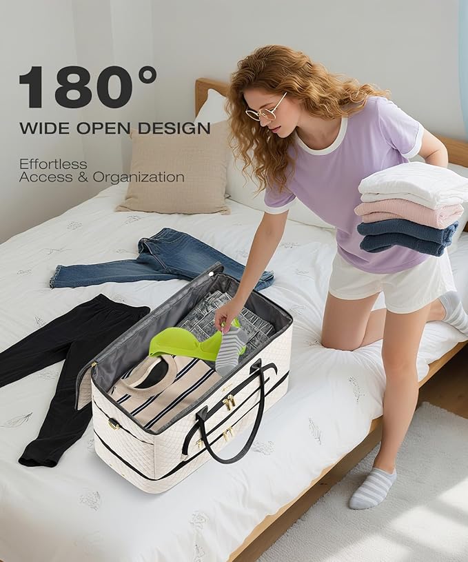 Travel Duffle Bag, Wide Open Large Weekender Bag for Women with Shoe Compartment, Carry on Overnight Bags with Toiletry Bag, Hospital Bag for Women Labor Delivery with Wet Pocket (Beige Black)
