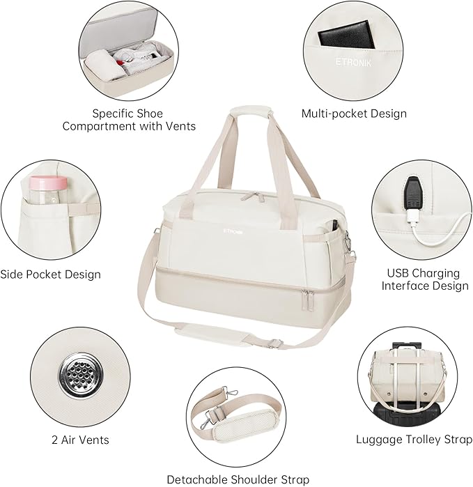 Gym Bag for Women, Sports Travel Duffel Bag with USB Charging Port, Weekender Overnight Bag with Wet Pocket and Shoes Compartment for Women, Travel, Gym, Yoga (Khaki) Medium