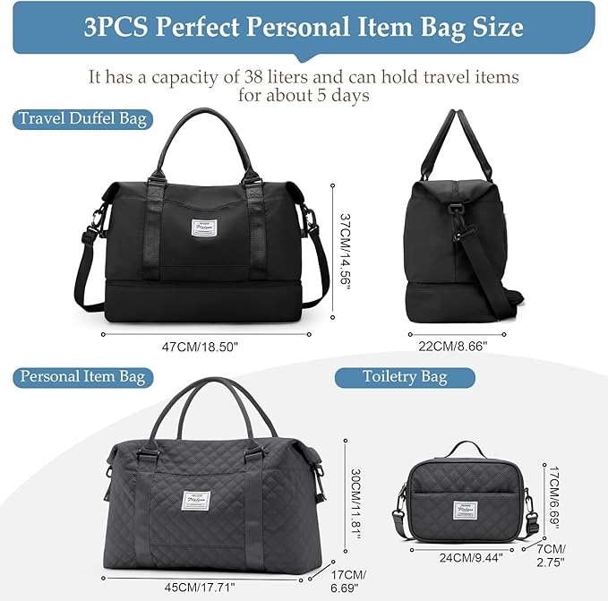 Weekender Bags for Women,Travel Duffle Overnight Bag with Shoe Compartment,Personal Item Carry On Bag,Black,Large,3 Pcs Set