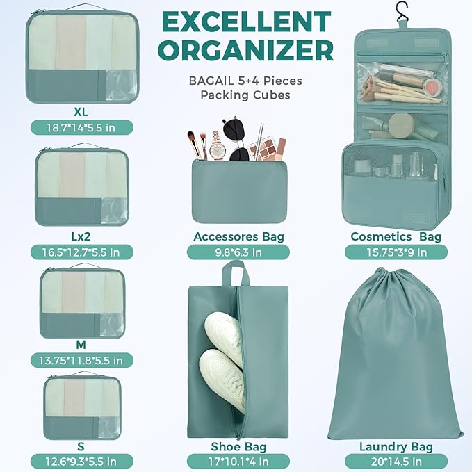 BAGAIL 9 Set Packing Cubes with Packing List Luggage Packing Organizers for Travel Accessories