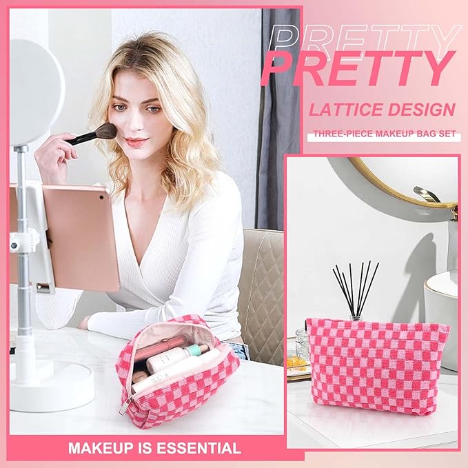 EIMMBD Makeup Bag 3 Pieces Large Capacity Checkered Cosmetic Bags Canvas Travel Toiletry Bag Organizer Cute Makeup Pouch Storage for Women(Rose)