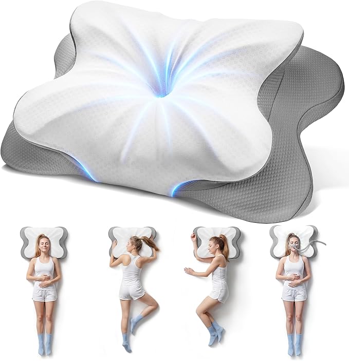 Cervical Pillow for Neck Pain Relief, 4-Height Adjustable Oeko-TEX Memory Foam Contour Pillow for Sleeping, Ergonomic Orthopedic Cooling Neck Pillow for Side Back Stomach Sleepers, Arm Support