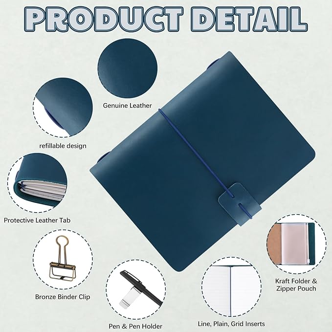 Thenshop Travelers Refillable Leather Journal Notebook Travel Diary Handmade Passport Travelers Journal for Men and Women with 3 Notebook Inserts, Pen Holder, Binder Clip(Blue,Passport Size)