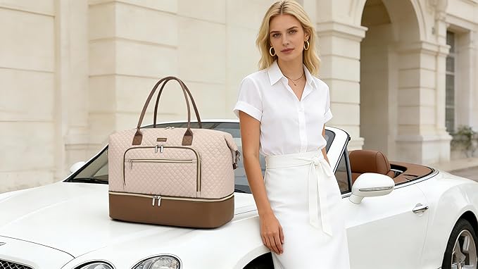Duffle Bag for Women Travel, Weekender Bag Overnight Bag with Shoe Compartment, Carry on Bag with Crossbody Purse for Over Night, Weekend, Yoga, Gym, Business Trips, Hospital, Nude Brown
