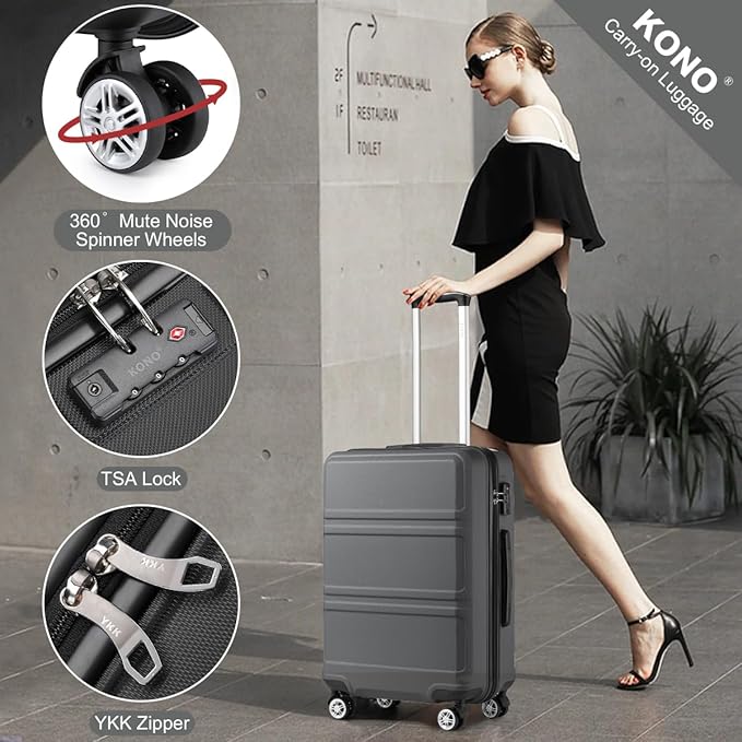 Kono 24 Inch Luggage Suitcase with Spinner Wheels TSA Lock Lightweight PC+ABS Hardside Medium Checked Luggage Durable Rolling Suitcase Grey