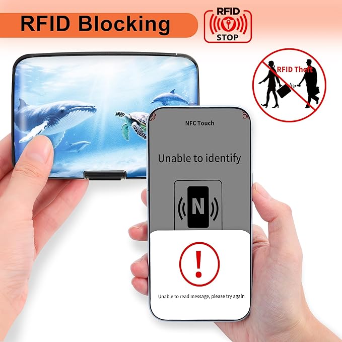 Mayski Credit Card Holder, RFID Blocking, Aluminum Alloy Hard Case, Small Mini Business Metal Wallet for Women Men, Ocean
