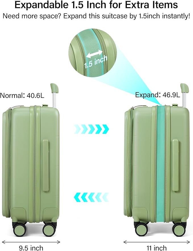 MILADA 20-Inch Expandable Carry On Luggage, Hard Shell Top-Opening Luggage with Wheels, TSA-Approved Small Travel Bag for Men and Women Carry-On Suitcase, Bamboo Green