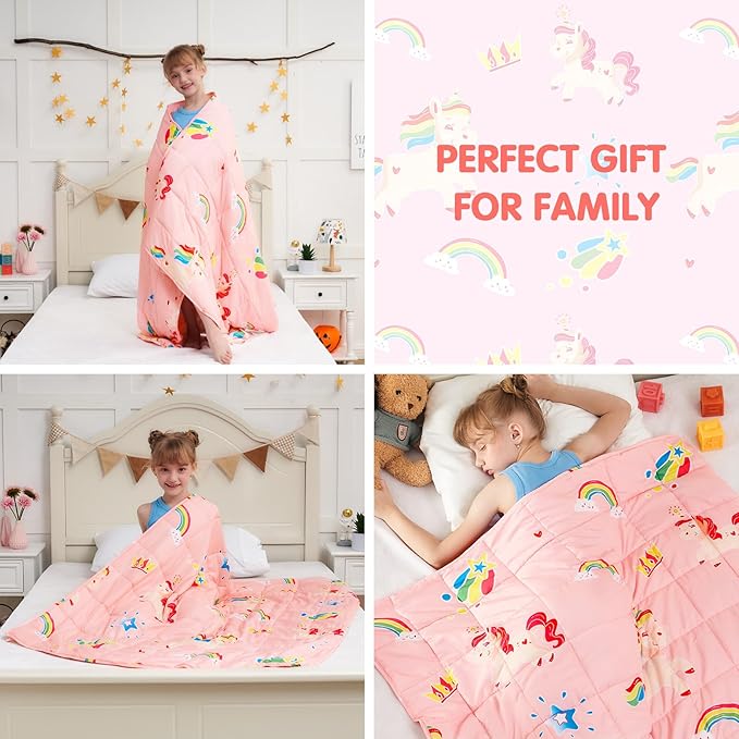 yescool Unicorn Weighted Blanket 5 Pounds Cooling Weighted Lap Blanket, Pink Rainbow Heavy Blankets, Breathable Weighted Throw Blanket Gifts for 40-60lbs, 36"x48"