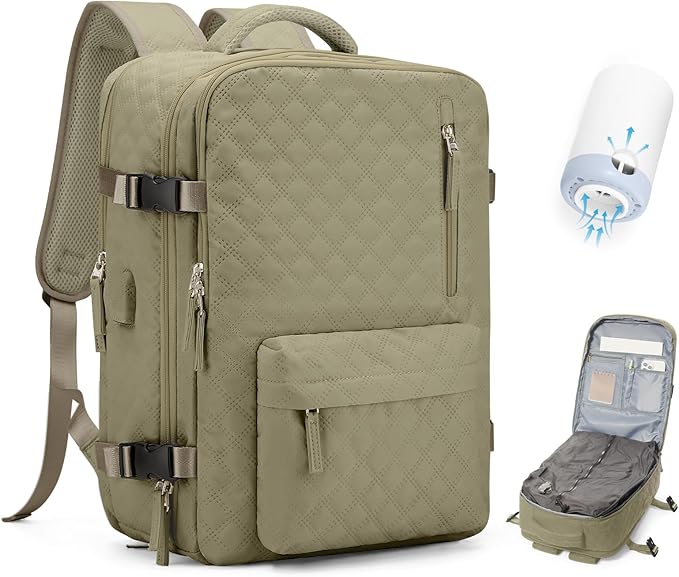 VECAVE Vacuum Travel Backpack with Pump for Women,Personal Item Carry on Backpacks Flight Approved 18x14x8 inches for Men,Laptop Waterproof Work Compression bags Casual Daypack Khaki.