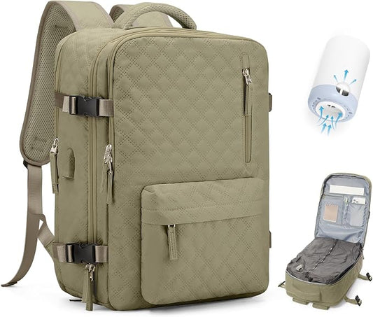 VECAVE Vacuum Travel Backpack with Pump for Women,Personal Item Carry on Backpacks Flight Approved 18x14x8 inches for Men,Laptop Waterproof Work Compression bags Casual Daypack Khaki.