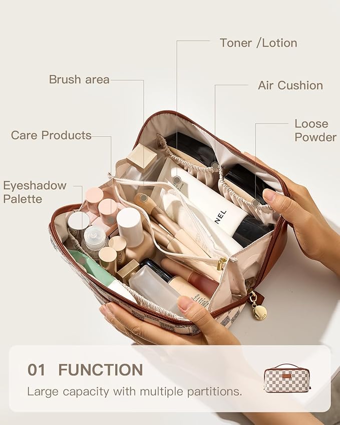 Cosmetic Bag Travel Makeup Bag, Open Flat Makeup Bags for Women, Waterproof Portable Pouch Toiletry Bag Make up Organizer with Divider and Handle Travel Essentials（A-brown Medium）
