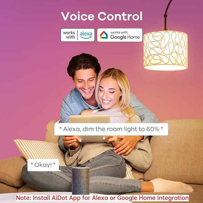 Linkind Smart Light Bulbs, Work with Alexa, Google Home, AiDot | Remote Control, 16 Million Color Changing, 1800K-6500K White, 2.4G WiFi+Bluetooth, Preset Scene, A19 E26, 60W 800LM, 6Pack