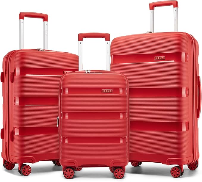 Kono Luggage Sets 3 Piece Hard Shell Travel Trolley 4 Spinner Wheels Lightweight Polypropylene Suitcase with TSA Lock (Red, 20/24/28 Set)