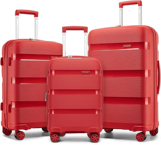 Kono Luggage Sets 3 Piece Hard Shell Travel Trolley 4 Spinner Wheels Lightweight Polypropylene Suitcase with TSA Lock (Red, 20/24/28 Set)