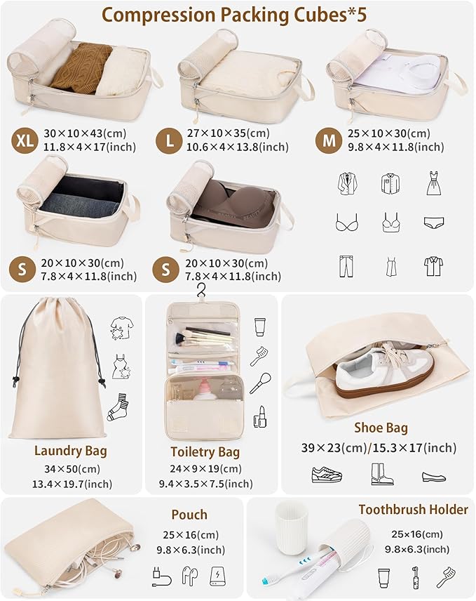 Compression Packing Cubes 10 Sets, Packing Organizers, Extensible Suitcase Organiser Bags, Travel Organizer Cubes for Travel Essentials Beige