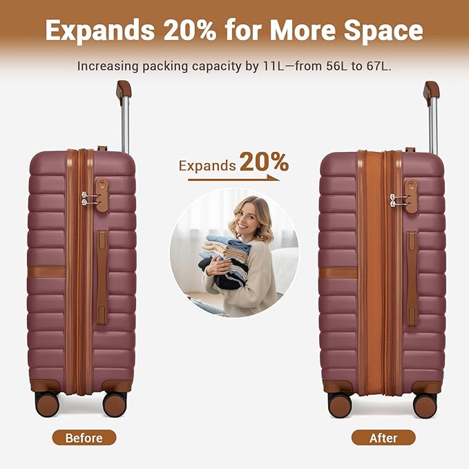 Kono Expandable 24 Inch Luggage with Spinner Wheels, Medium Checked Luggage with Lock, Lightweight & Anti-Scratch PC+ABS Hardshell Travel Suitcase, Burgundy/Brown