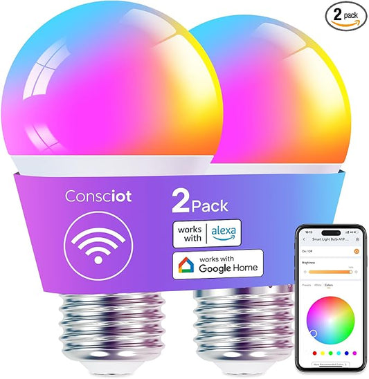 Consciot Smart Light Bulbs, A19 Color Changing Smart Bulbs, 800 Lumens 60W Equivalent, Works with Apple Home, Alexa, Google Home & SmartThings, Dimmable LED, 2-Pack