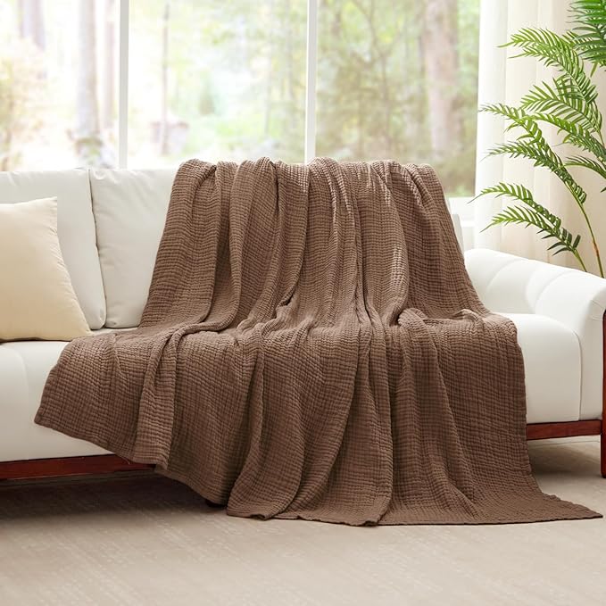 100% Cotton Muslin Blanket 50" x 60", Breathable and Lightweight Cotton Throw Blankets for Couch, Soft Cooling Summer Gauze Blanket for Adults All Season, Tan