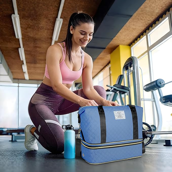 Geestock Travel Duffel Bag, Weekender Bags for Women, Carry on Overnight Bag with Shoe Compartment & Trolley Sleeve, Personal Item Travel Bags with Storage Pouch for Travel, Yoga, Gym, Hospital, Blue