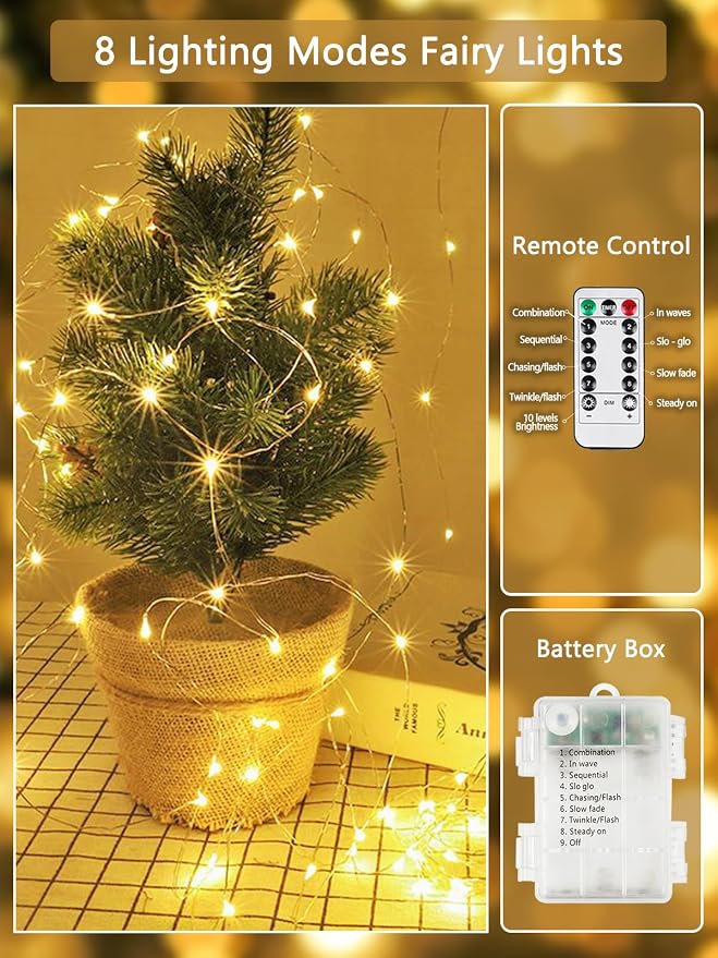 4 Pack Fairy Lights Battery Operated with Remote 120 LED 40 FT Warm White | Twinkle String Light with 8 Modes Timer and IP44 Waterproof for Indoor Outdoor Wedding Anniversary Birthday Party Decorations