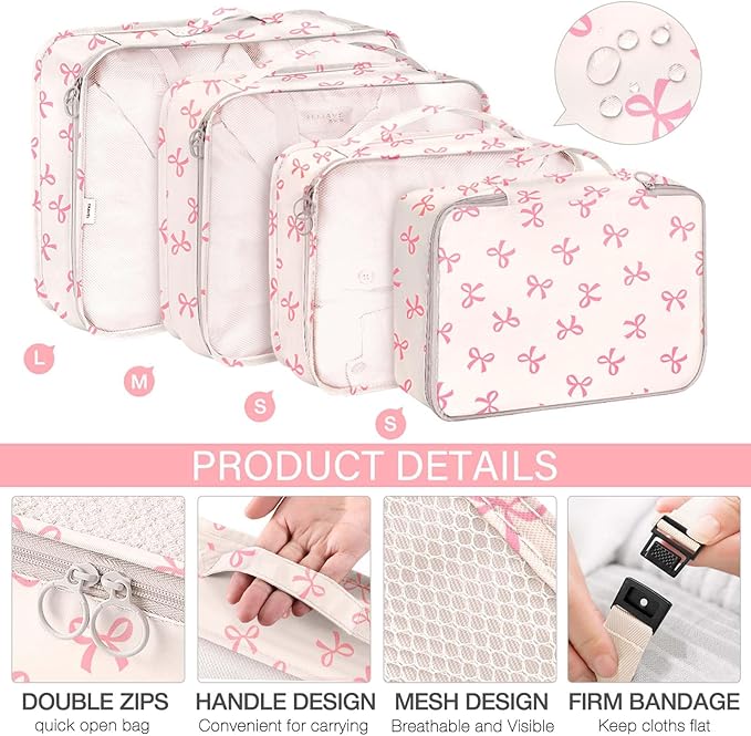 KPX 8 Set Packing Cubes for Travel, Luggage Packing Organizers Accessories Large Toiletries Bag for Clothes Shoes Cosmetics (8Set-Pink Bow)