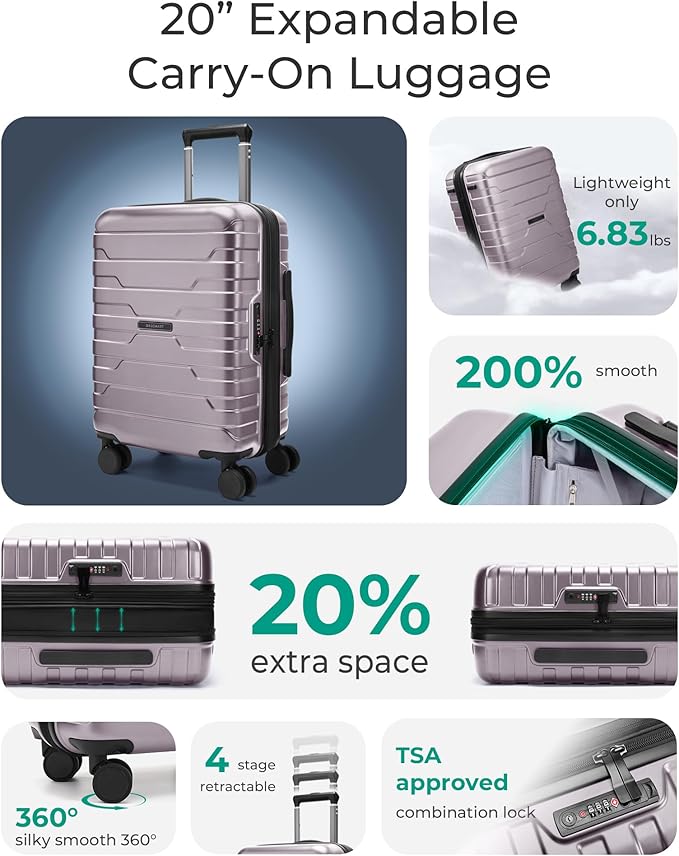 BAGSMART Carry On Luggage 22x14x9 Airline Approved with Spinner Wheels,Lightweight 20 Inch Luggage with TSA Lock,Expandable Hard Shell Carry On Suitcases for Men Women,Rose Purple