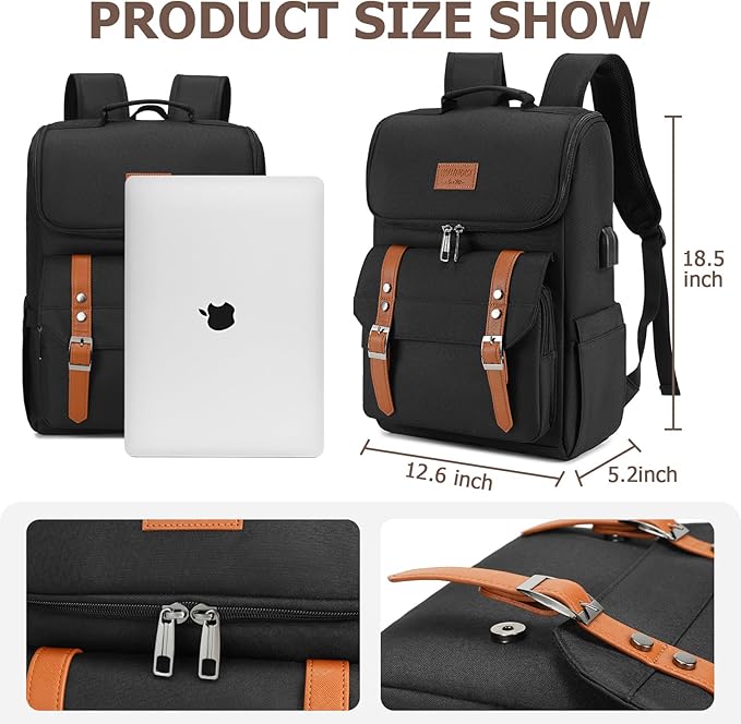 YALUNDISI Vintage Backpack Travel Laptop Backpack with usb Charging Port for Women & Men College Backpack Fits 15.6 Inch Laptop Black Brown