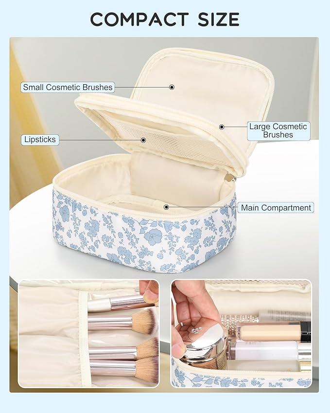 Relavel Travel Makeup Bag, Mini Floral Cosmetic Bag with 2 Makeup Brush Holders, Portable Makeup Pouch for Women, Cute Toiletry Bag with Double Layer Organizer, Blue Flower-Smaller
