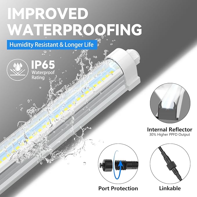 JESLED Waterproof T8 Grow Lights, 4FT 5000K Full Spectrum Daylight, 2Packs | 96W(2 X 48W), 600W Equivalent, V-Shaped Beam, On/Off Switch, Linkable Plant Light Strip for Greenhouse, Shelf, Indoor Outdoor