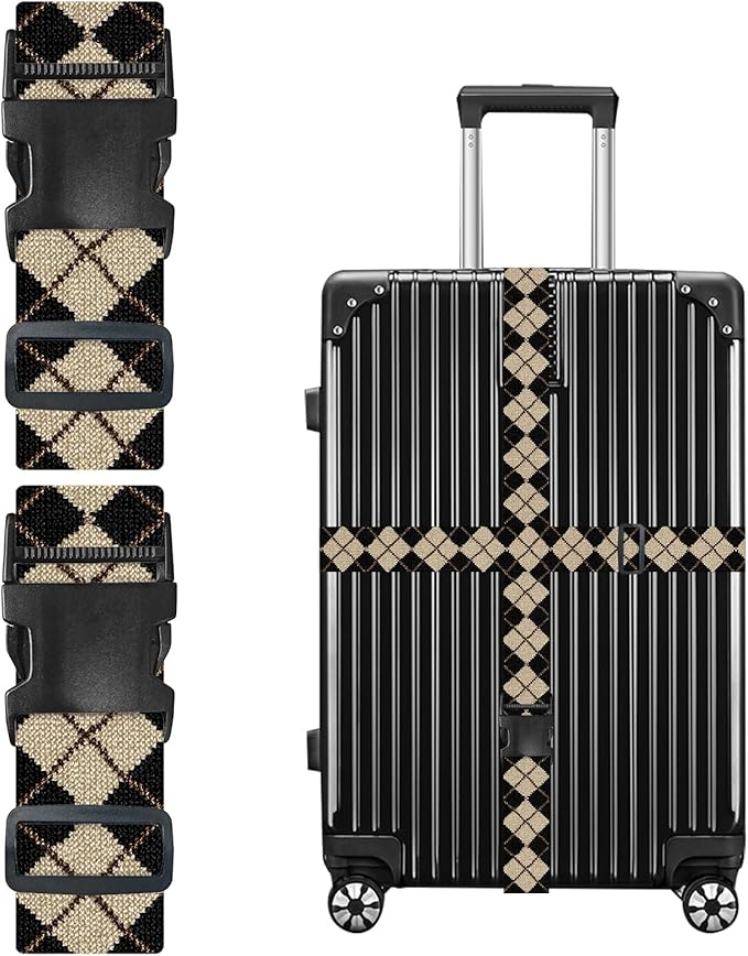 Nuxovilar Luggage Straps Black Beige Argyle Polyester 1.96x90.5inch 2 Set Suitcase Cargo Strap Travel Supply Backpacker Journey Resort Picnic
