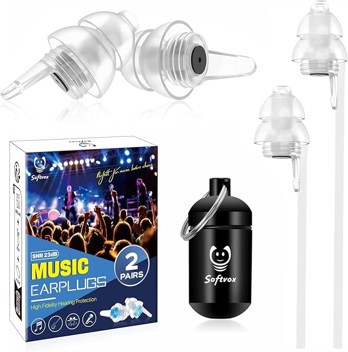 Concert Ear Plugs 2 Pairs, Noise Reduction Preserving Sound Clarity Music Earplugs for DJs, Festival, Raves, Loud Events Hearing Protection for Adult/Kid 12+, incl Cord & Case