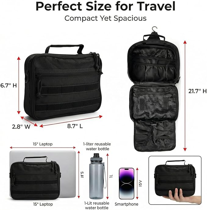Mens Toiletry Travel Bag, Tactical Toiletry Bag for Men, Bathroom Hanging Travel Toiletry Bag for Men Shaving Hygiene Bag Travel Toiletry Organizer Short Trips Bag, Black