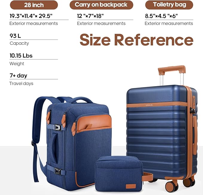 UKEIN Luggage Sets 3 Piece, PC Hardside Large Luggage 28 Inch With Spinner Wheels with TSA Lock, Checked Suitcase Set With Travel Backpack for Men (Blue, 3 piece set (28inch))