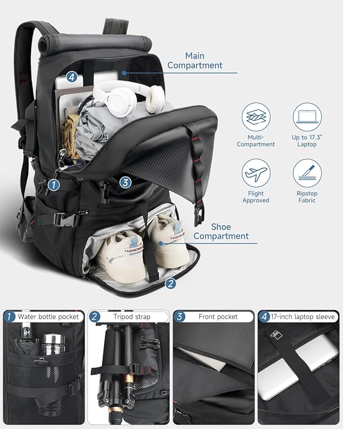 SWICKY Carry on Travel Backpack, 40L-50L Laptop Backpack with Shoes Compartment USB Charging Port, Flight Approved Convertible Large Duffle Luggage Bag Backpack Fit 17.3 Inch Laptops for Men Women