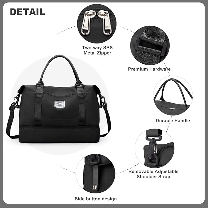 Weekender Bags for Women, Travel Duffel Bags with Shoe Compartment,Personal Item Travel Bag for Airlines, Carry on Overnight Tote Bag for Women，Black