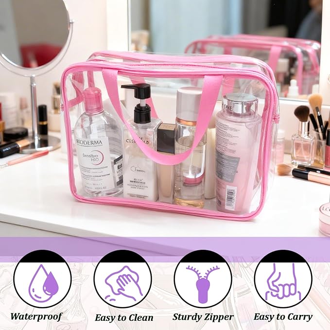 4 Packs Large Clear Toiletry Bag, Waterproof Clear Makeup Comestic Organizer Bags with Handle, Transparent Handbag with Zipper for Travel Airport Airline Vacation