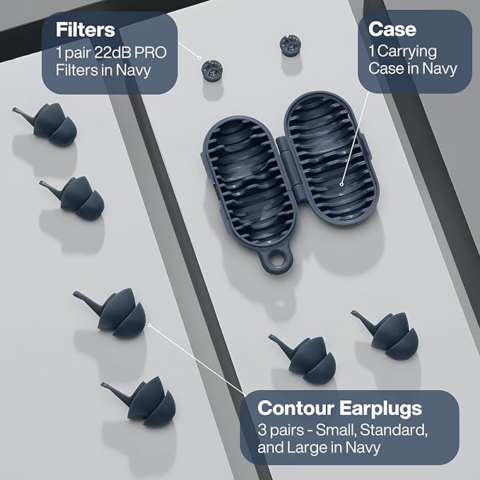 EARPEACE Everyday Noise Control & Noise Reduction Ear Plugs - High-Fidelity Earplugs, Comfortable & Reusable Earplugs for Travel, Sleep, Work, Snoring Blocking, Includes Carrying Case - Navy