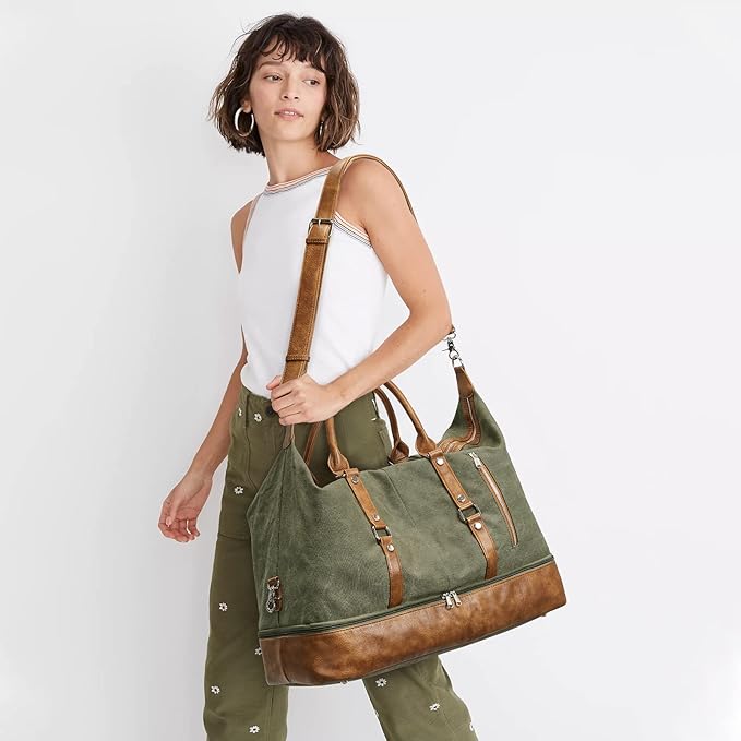 S-ZONE Weekender Bag for Men Canvas Duffle Large Weekend Overnight Travel Carry On Tote Bag with Shoe Compartment (Army Green)
