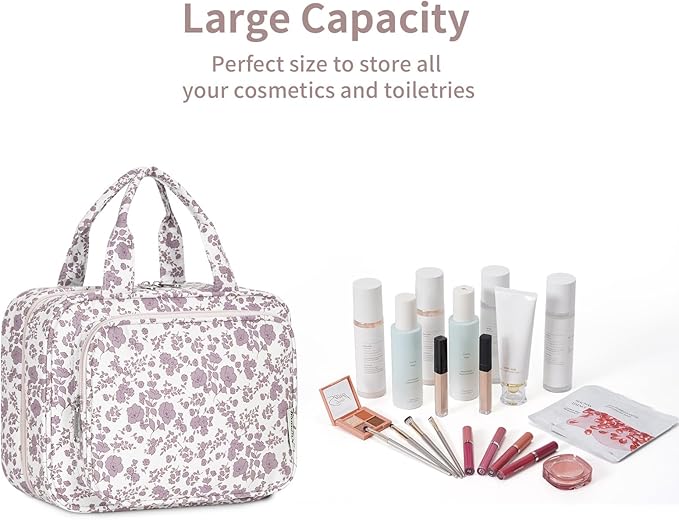 Narwey Hanging Floral Toiletry Bag for Women Travel Makeup Bag Organizer Toiletries Bag for Travel Size Essentials Accessories Cosmetics (Dusty Pink Flower (Medium))