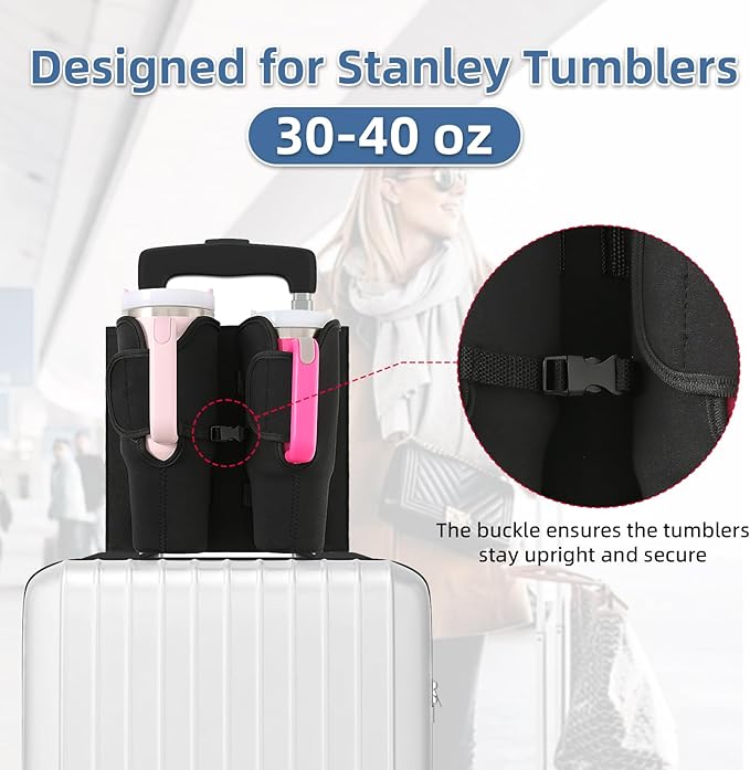Luggage Cup Holder for Suitcases, Compatible with 30-40 Oz Stanley Tumblers, Foldable Luggage Cup Holder with Phone & Ticket Pocket, Waterproof Hands-Free Travel Accessory (Black)