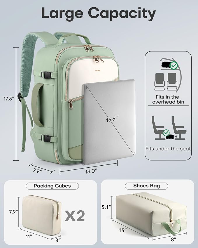HOTOR Travel Backpack for Women – TSA-Friendly Travel Bag with Multiple Compartments & 3 Packing Cubes, Water-Resistant & Comfortable, Perfect for Travel Essentials, Green, 17.3" x 13.0" x 7.9"