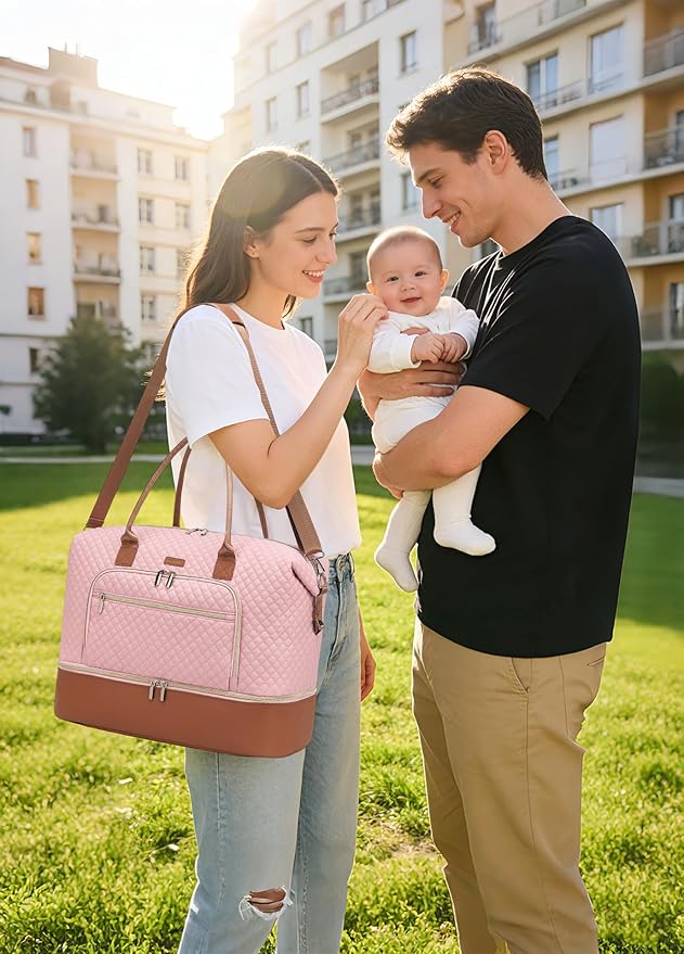 Duffle Bag for Women Travel, Weekender Bag Overnight Bag with Shoe Compartment, Carry on Bag with Crossbody Purse for Over Night, Weekend, Yoga, Gym, Business Trips, Hospital, Pink Brown