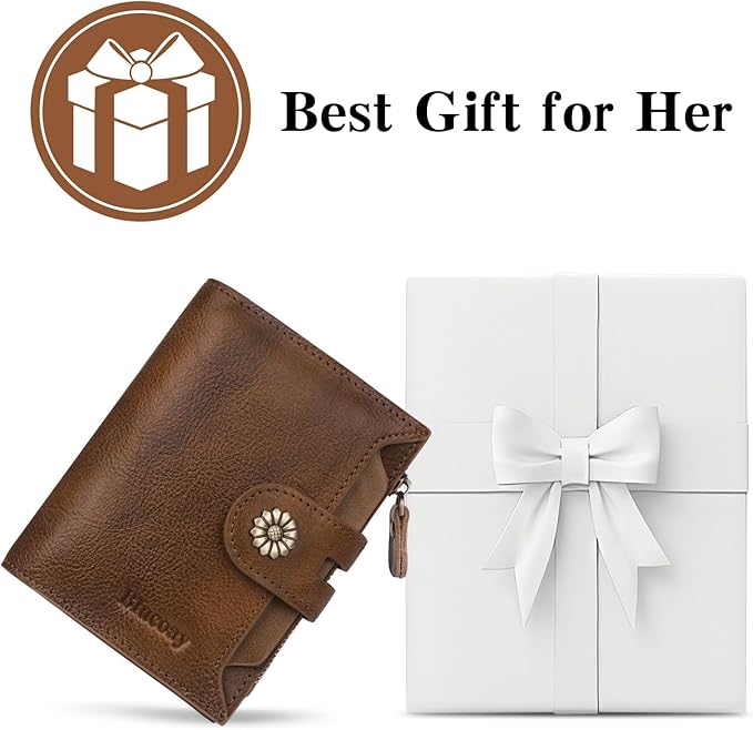 Wallet Women,RFID Blocking Leather Womens Wallet Bifold Compact Card Holder Small Wallet for Women with Removable ID Window Darkbrown