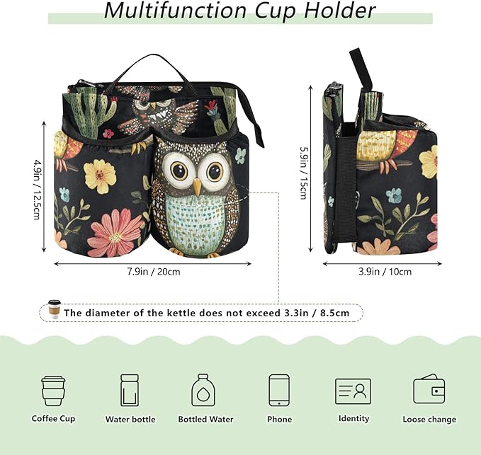 Black Owls Cactus Butterfly Luggage Cup Holder Travel Portable Free Hand Drink Carrier Suitcase Drinks Beverage Holder Carry-On Bottle Mug Holder Organizer Bag Travelers Accessories