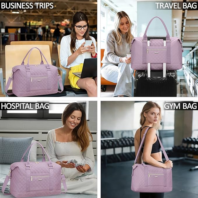 Quilted Travel Duffle Bag for Travel Women with Toiletry Bag, Large Weekender Bags for Women Carry on Duffel Overnight Bag, Waterproof Travel Tote Bags for Sports, Weekender, Business, Purple