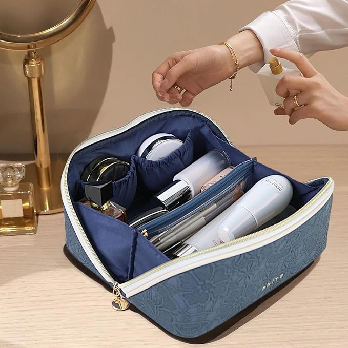 Prite Makeup Bag for Women Travel Waterproof Vegan Leather Cosmetic Bag Open Flat Toiletry Bag With Clear Divider and Handle (Large Blue Flower)