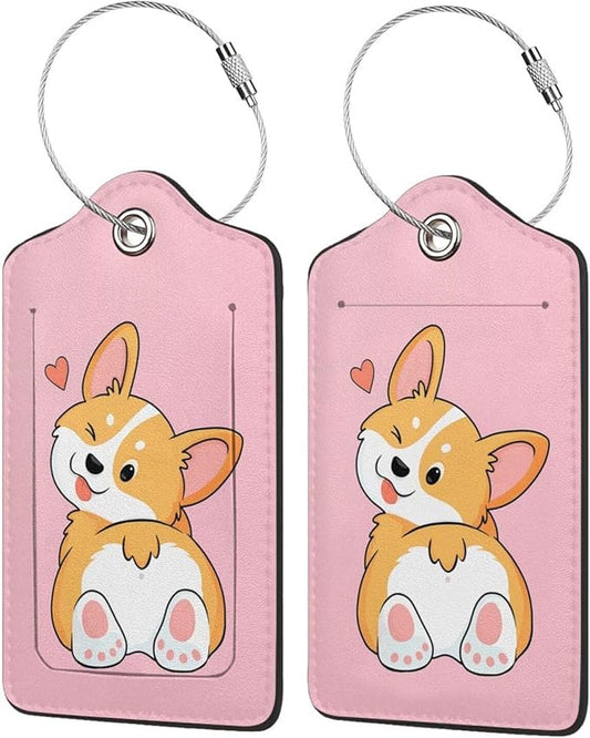 2P Light Pink Cute Corgi Cartoon Animal Dog Pet Luggage Tags Privacy Cover ID Label with Stainless Steel Loop and Address Card for Travel Bag Suitcase Funny Cute Man Women Kids