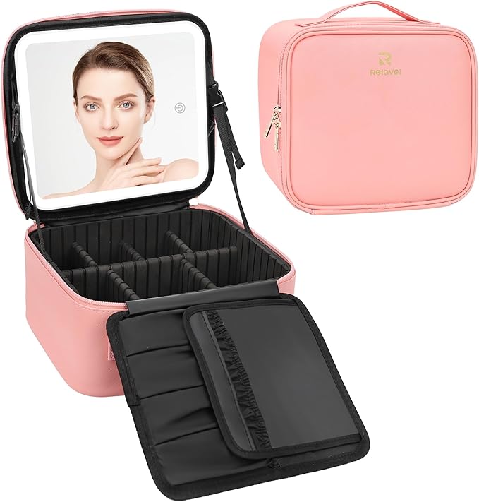 Relavel Travel Makeup Bag With LED Mirror Portable Travel Makeup Organizer 3 Color Adjustable Brightness Waterproof Cosmetic Train Case with Removable Dividers Makeup Storage for Women, Pink