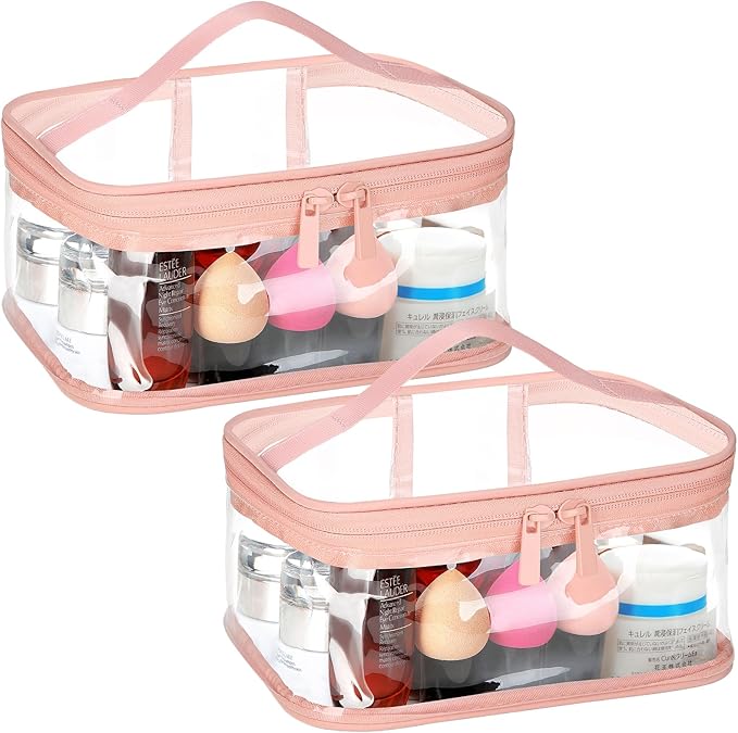 HAOGUAGUA 2 Pieces Clear Makeup Bags Cosmetic Toiletry Bags for Traveling, Waterproof Travel Transparent TSA APPROVED Carry On Airport Airline Compliant Bag (2 PIECES PINK)