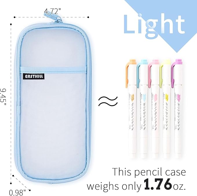 EASTHILL Grid Mesh Pen Pencil Case with Zipper Clear Makeup Color Pouch Cosmetics Bag Multi-Purpose Travel School Teen Girls Transparent Stationary Bag Office Organizer Box for Adluts(Blue)
